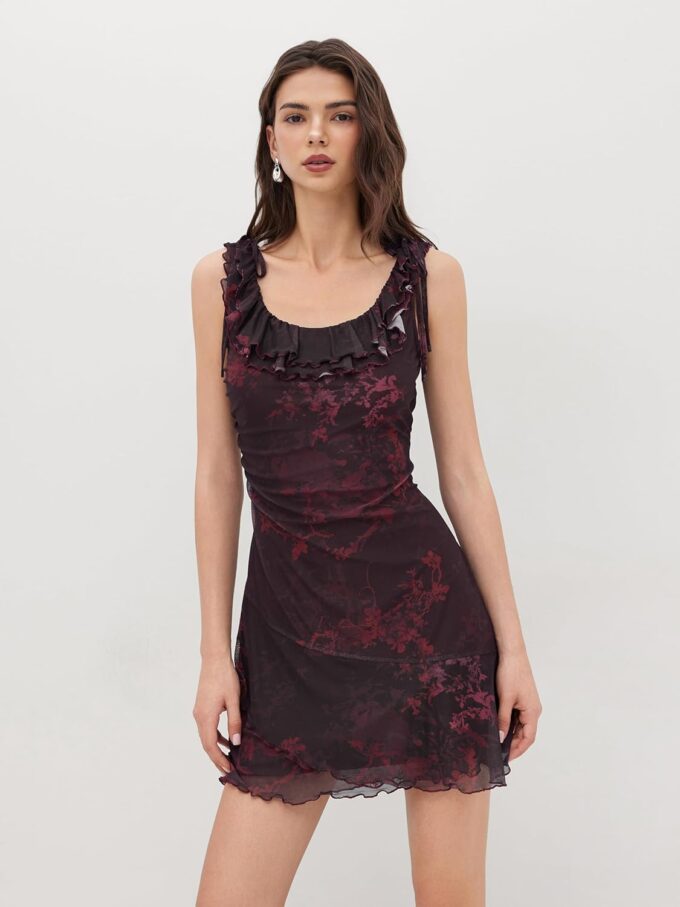 CIDER Mini Floral Print Ruffle Knot Sleeveless Short Dress Scoop Neckline Party Vacation Dresses – Bild 2