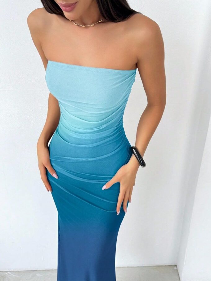 Women's Summer Dress Ombre Strapless Tube Gradient Bodycon Long Side Slit Mesh Layered – Bild 6