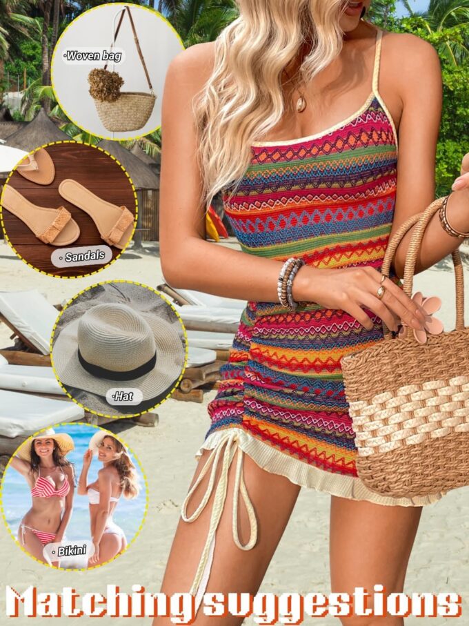 Boho Crochet Striped Swimsuit Coverup, Square Neck Low-Back Bodycon, Drawstring Ruffle Mini Dresses for Women – Bild 5