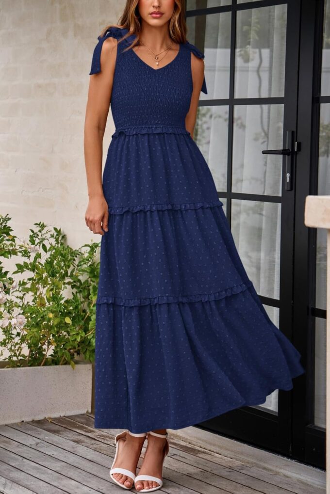 Okiwam Womens Summer Dresses 2025 Sleeveless Tie Strap Maxi Long Flowy Beach Sundresses Boho Swiss Dot Wedding Dress – Bild 2