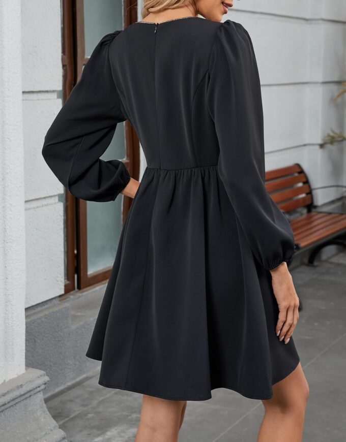 Women's Bow Neck Mini Dresses A Line Rhinestone Short Dress Long Sleeves Flowy Summer Babydoll Dress – Bild 6