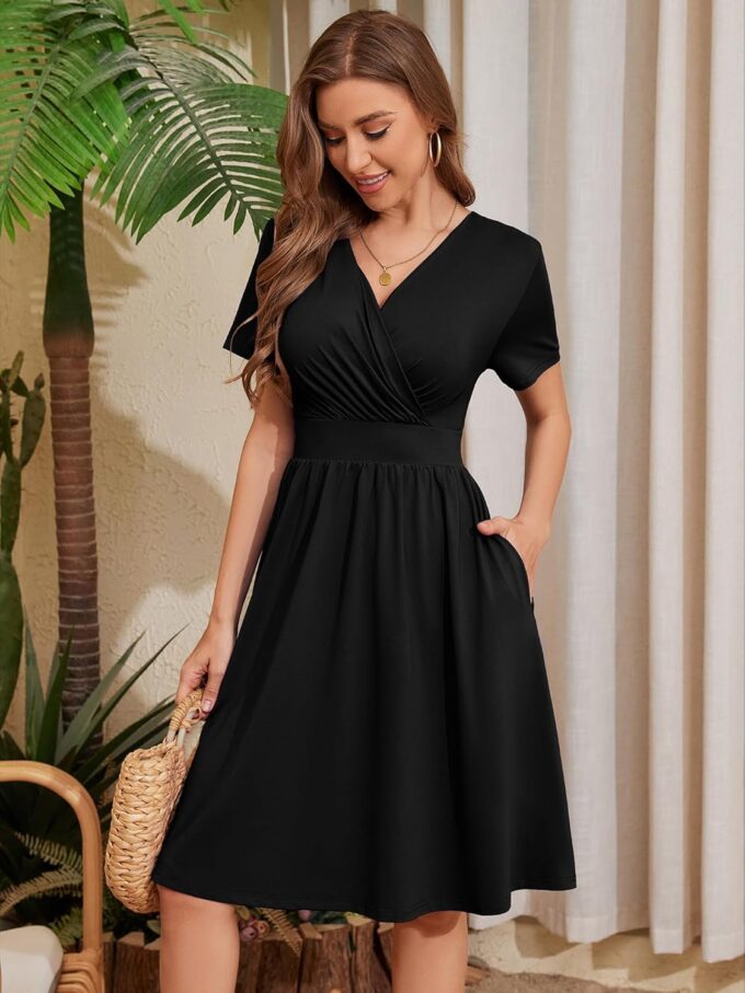 Heymoments Womens Summer Short Sleeve Casual Dresses V-Neck Midi Dress with Pockets S-2XL – Bild 3