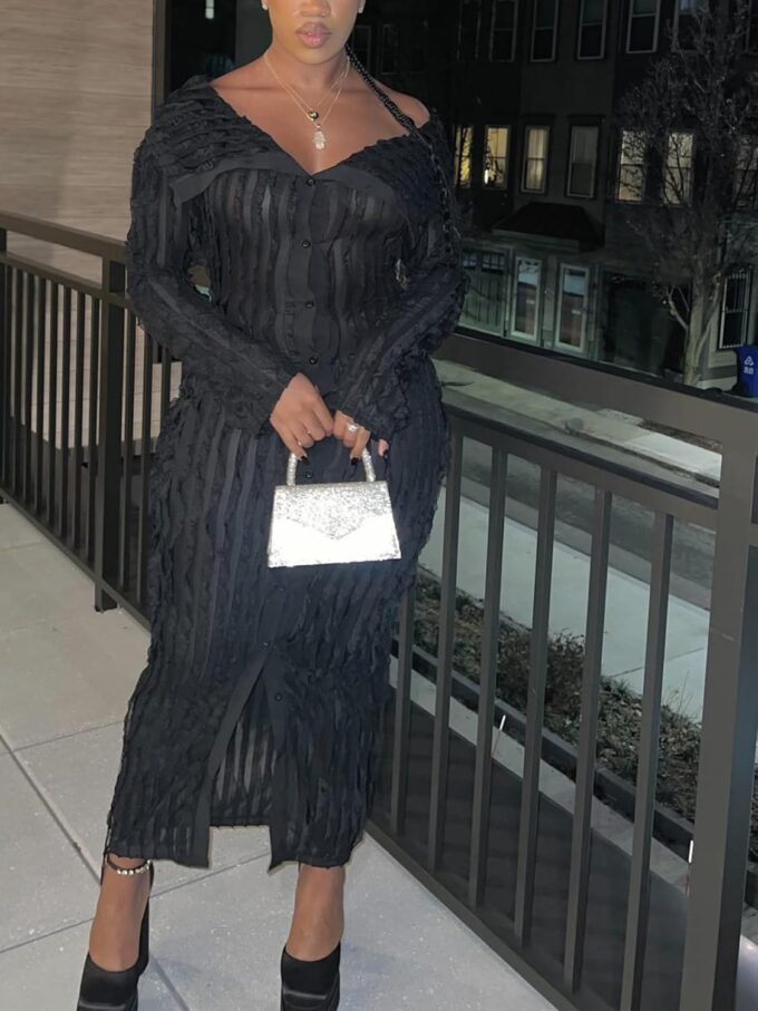 Sexy Button Down Dresses for Women Date Night Off Shoulder See Through Mesh Ruffle Bodycon Maxi Dress – Bild 5