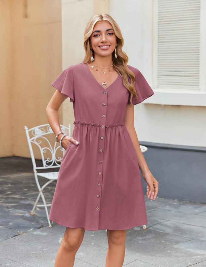 Zeagoo 2025 Spring Summer Cotton Linen Dress Beach Casual Button Down A Line Dress – Bild 5