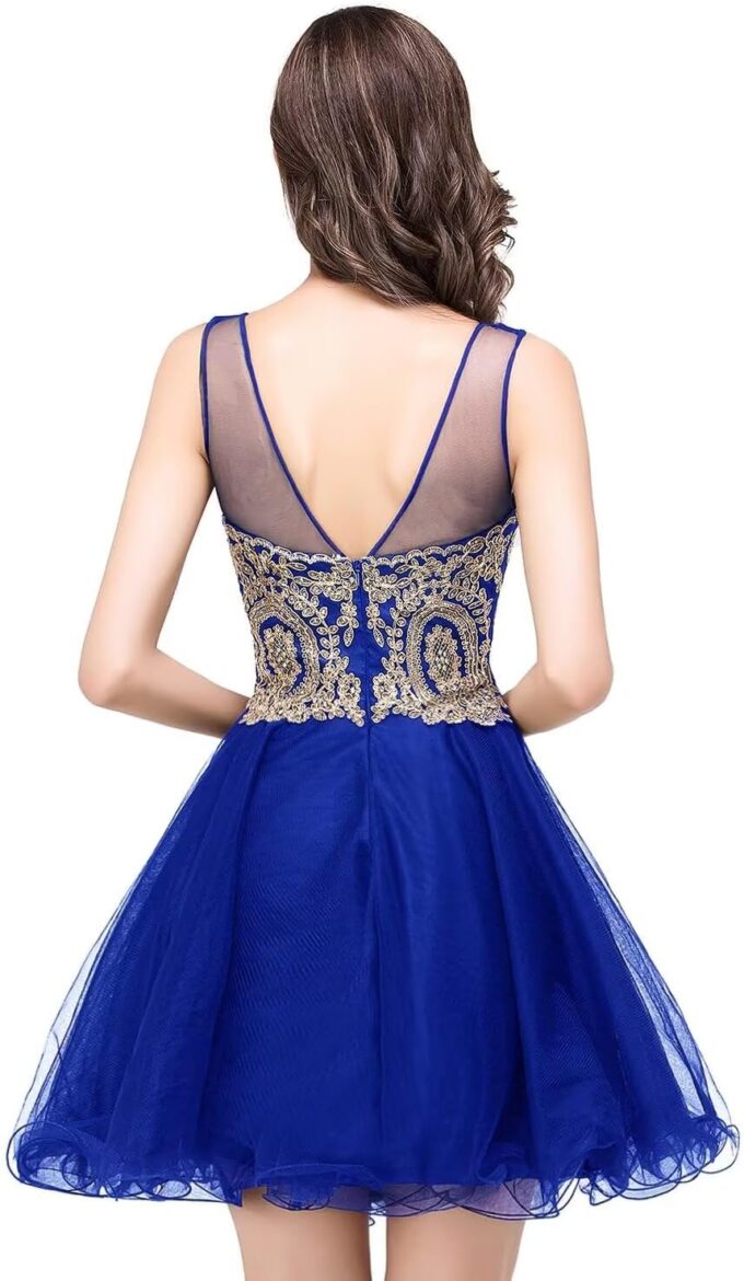MisShow Tulle Homecoming Dresses for Teens Gold Lace Applique Short Prom Gown Sleeveless Cocktail Party Dresses – Bild 2