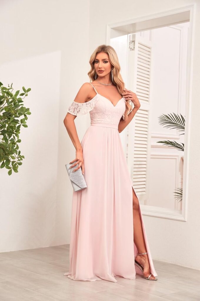 Women’s Ruffle Sleeve Bridesmaid Dresses with Pockets Pleated Chiffon Floor Length Formal Evening Gowns for Wedding. – Bild 3