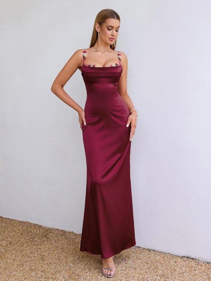 Women's Satin Bodycon Maxi Dress Floral Spaghetti Strap Sweetheart Neckline Formal Wedding Guest Party Dresses – Bild 5