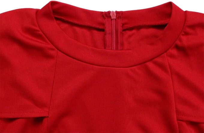Damen Elegant Plissee Bodycon Kleid Rundhals Kurze Flügelärmel Formal Arbeit Midi Bleistiftkleid, Rot/Ausflug, einfarbig (Getaway Solids), Klein – Bild 5