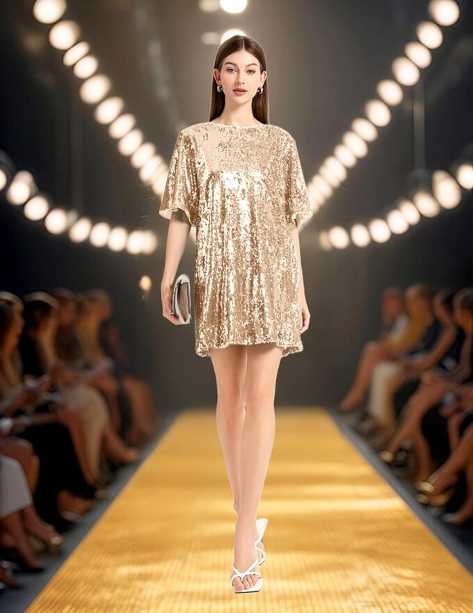 Women's Crew Neck Sequin Dress for Women Sexy V Neck Shirt Dress Sparkly Half Sleeve Loose Party Club Cocktail Dress – Bild 3