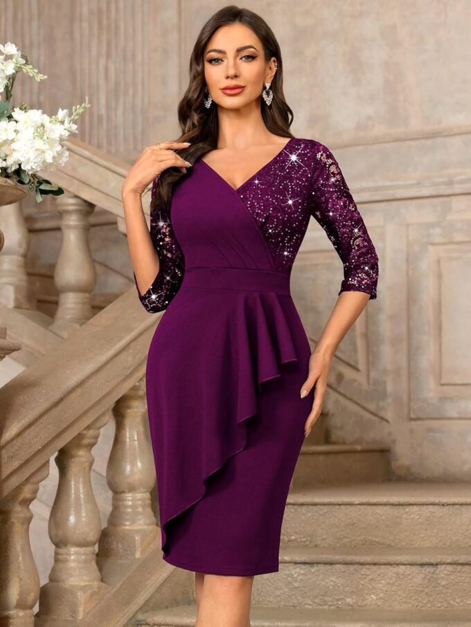 Miusol Women's Classy V-Neck Glitter Sequin Lace 3/4 Sleeve Cocktail Party Dress – Bild 3