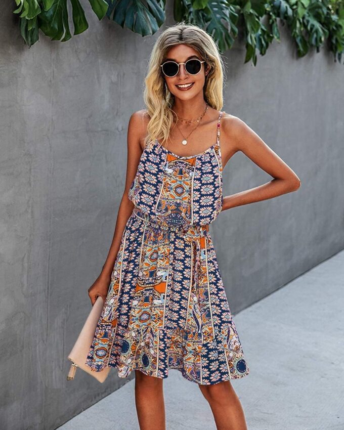 PRETTYGARDEN Women's Summer Mini Sundress Casual Spaghetti Strap Dresses Floral Sleeveless Ruffle Short Dress with Belt – Bild 2
