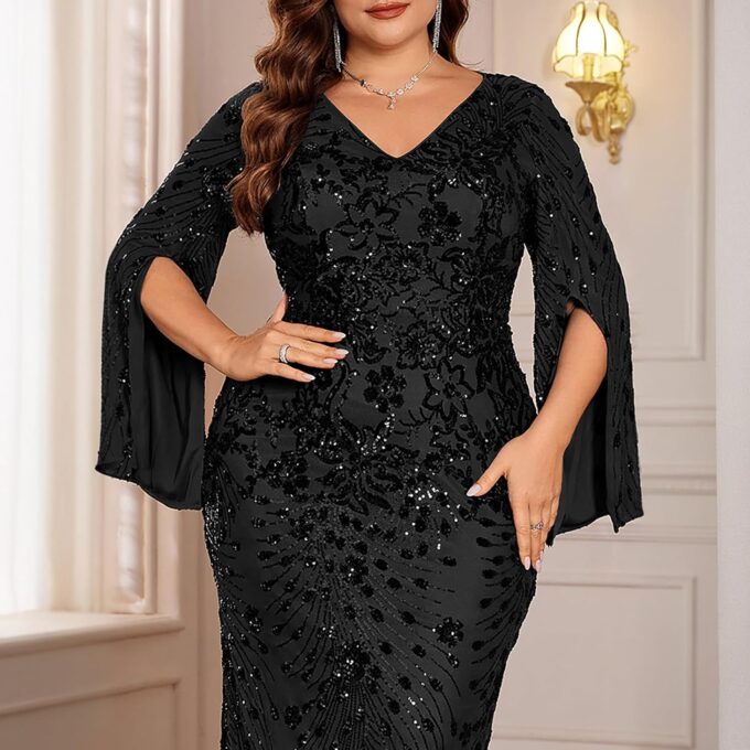 Plus Size Formal Dresses for Women with Embroidery Sequin and Cape Sleeve, V-Neck Maxi Dress for Wedding and Party – Bild 5