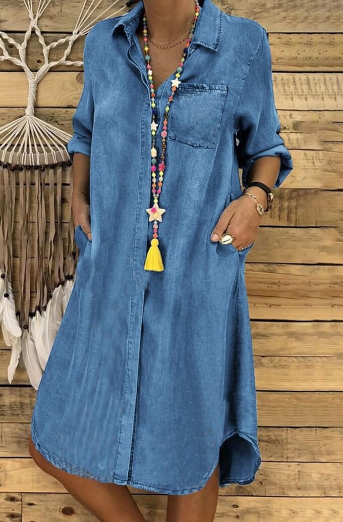 CHARTOU Women Long Sleeve Denim Button Up Shirt Dress Midi Jean Dress – Bild 2