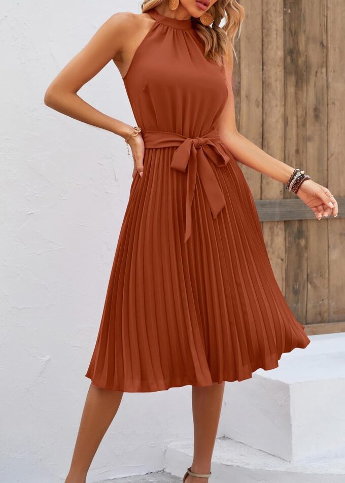 KIRUNDO Women's 2025 Summer Sleeveless Halter Neck Pleated Midi Cocktail Dresses A Line Flowy Beach Sun Dress with Belt – Bild 4