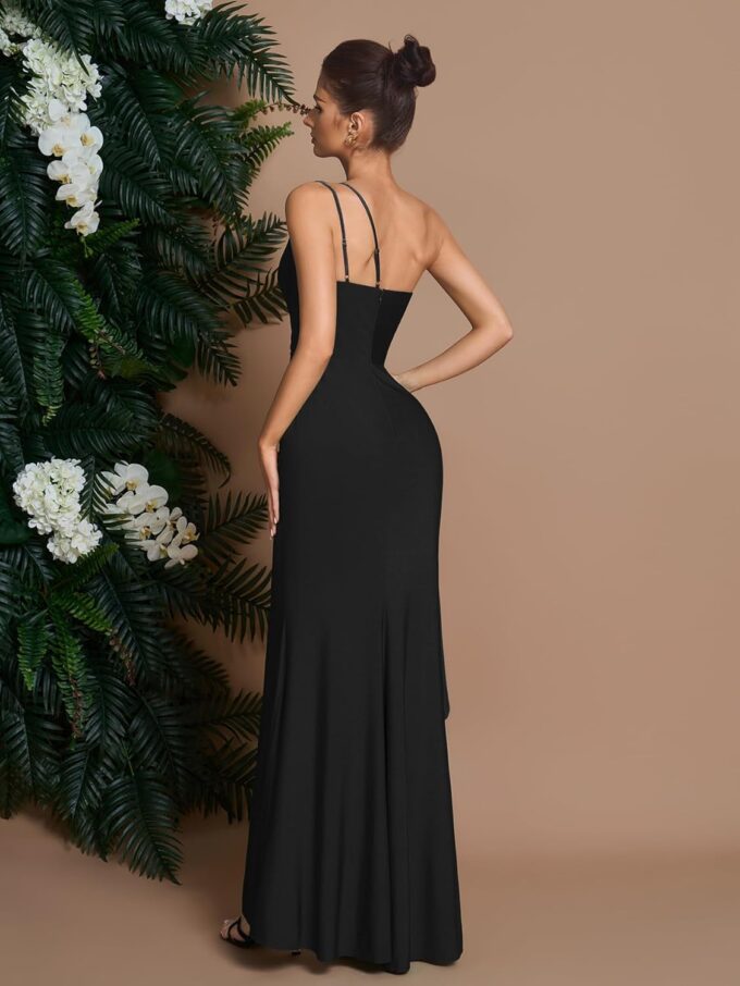 Women's Cocktail Dresses Elegant Black One - Shoulder Pleated Slit Evening Dresses for Wedding Guest – Bild 3