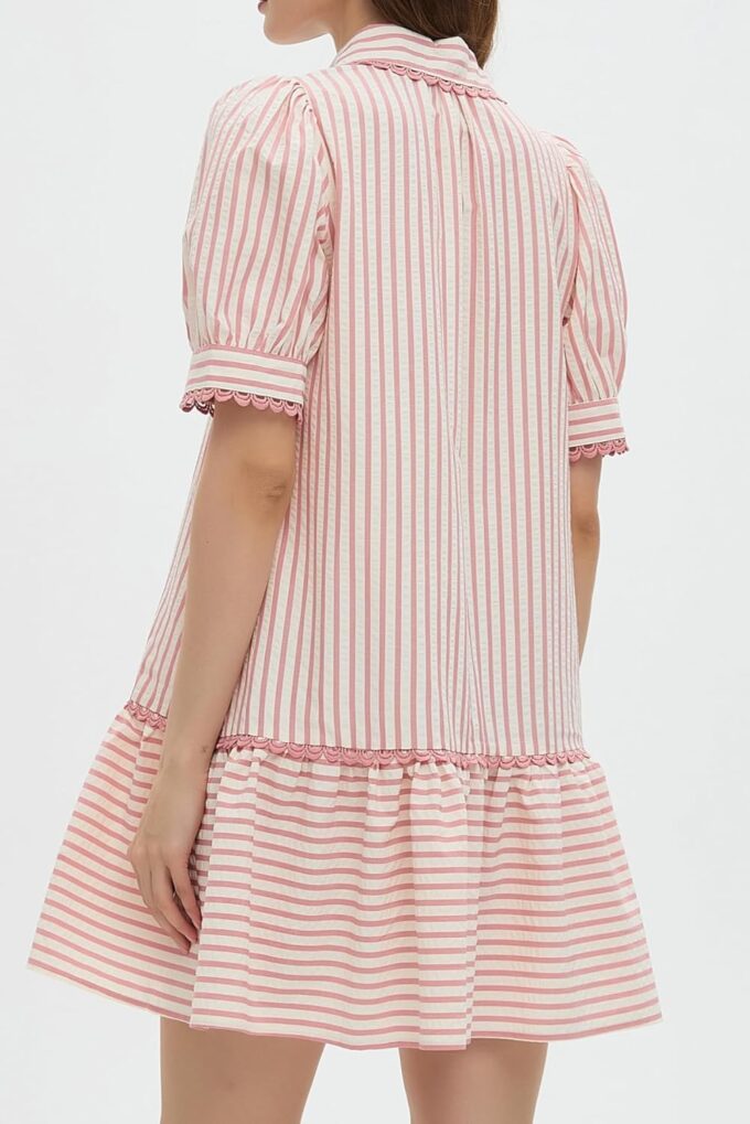 Striped Dress for Women Collared Short Puff Sleeve Ruffle Hem Summer Tunic Flowy Shirt Mini Dress – Bild 3