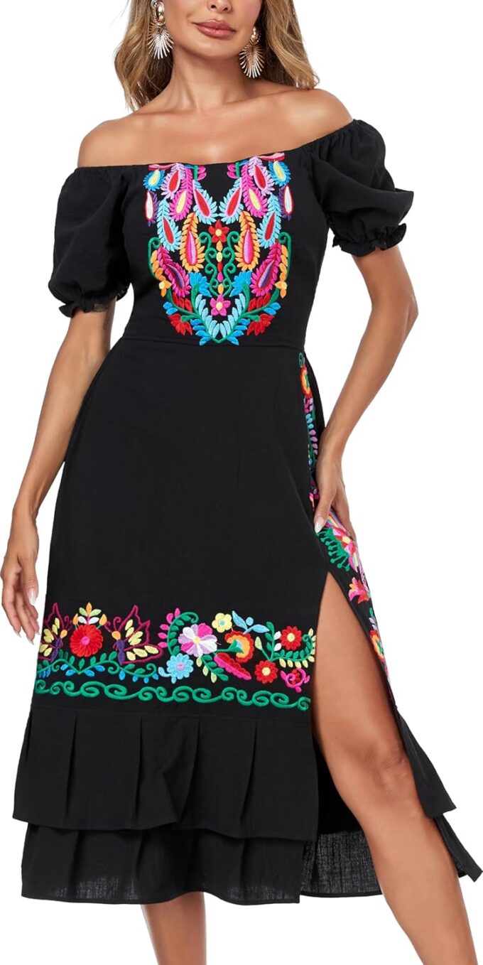YZXDORWJ Women's Mexican Dress Boho Embroidered Sexy Ruffle Maxi Dress Short Sleeve Summer Beach Swing Wedding Party Dresses
