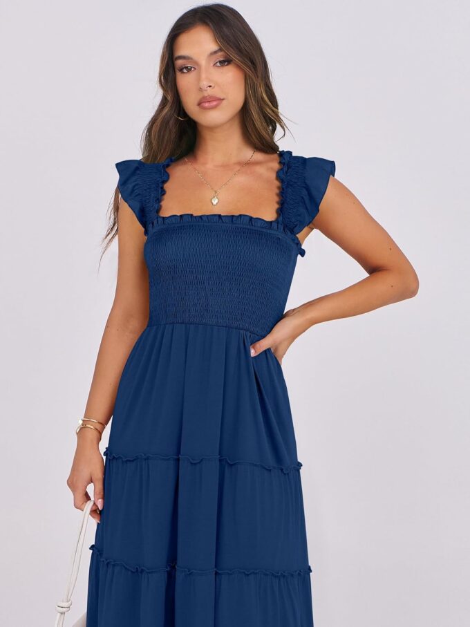 ANRABESS Womens Smocked Maxi Dress Summer Casual Ruffle Square Neck Boho Ruffle Flowy A-line Beach Sundress with Pockets – Bild 5