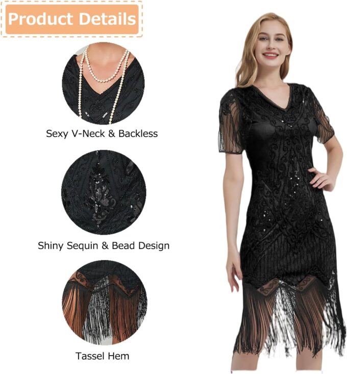 1920S Women Flapper Dress V Neck Sequin Beaded Fringed Dress With Roaring 20s Accessories – Bild 3