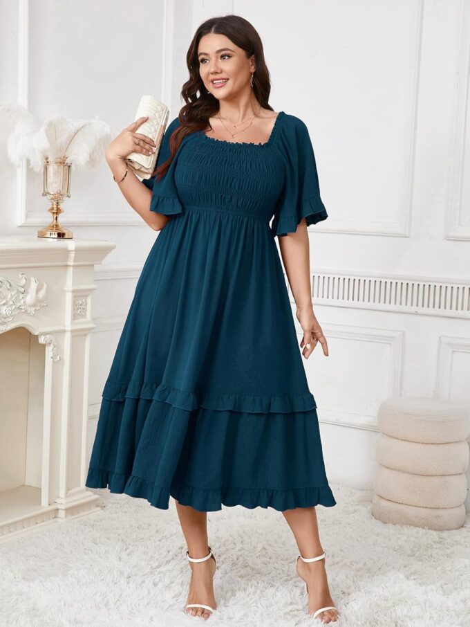 SCOMCHIC Women's Plus Size Maxi Dresses Summer Short Sleeve Square Neck Smocked Wedding Guest Cocktail Boho Long Dress – Bild 4