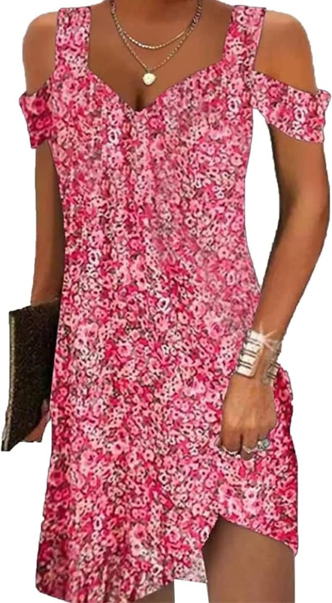Women Cold Shoulder Dress 2025 Summer Casual Trendy Boho Floral V Neck Vintage Dresses for Beach Vacation
