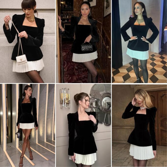 AIBEARTY Women's Long Sleeve Pleated Hem Velvet Mini Dress Elegant Square Neck Slim Fit Dressess for Party Cocktail – Bild 6