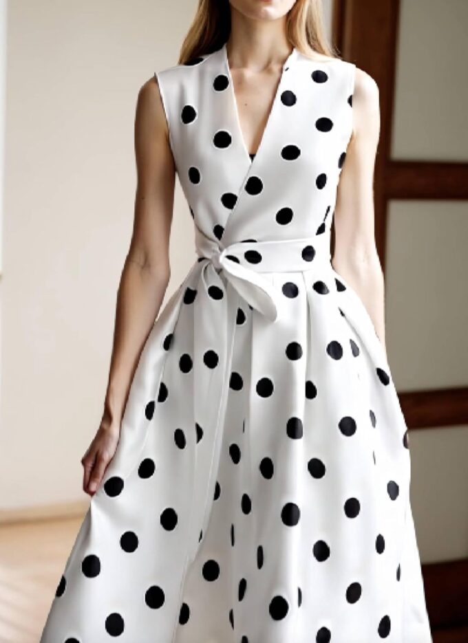Summer Dresses for Women 2025 Elegant White Aline Midi Dress with Bow Side Pockets Polka Dot Cocktail Dress – Bild 3