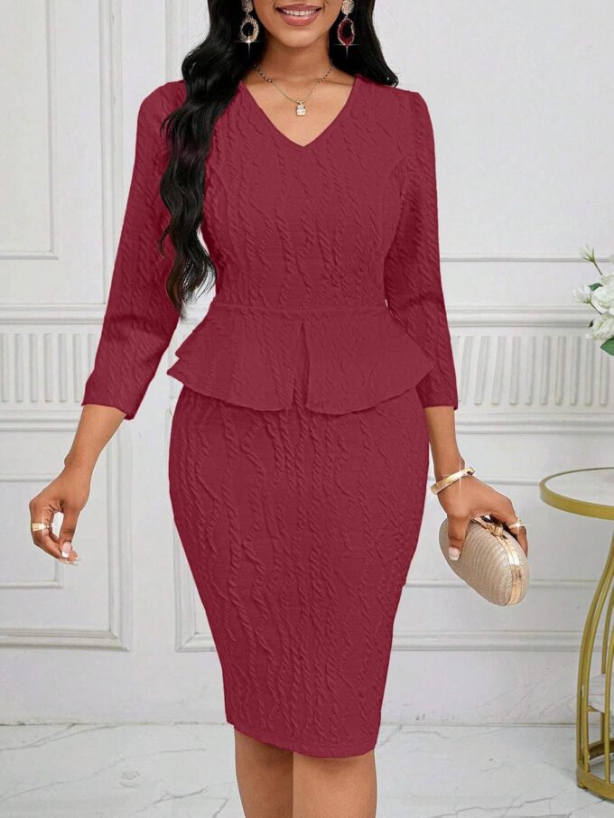 Runwind Schößchen-Kleid für Damen, V-Ausschnitt, 3/4-Ärmel, für die Arbeit, Midi-Kirchenkleider, elegante Bleistiftkleider – Bild 6