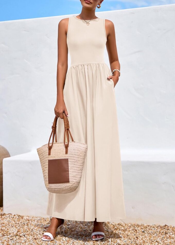 KIRUNDO Sleeveless Maxi Dresses for Women 2025 Spring Summer Mixed Fabric Pocketed Elegant Wedding Guest Flowy Tank Dress – Bild 4
