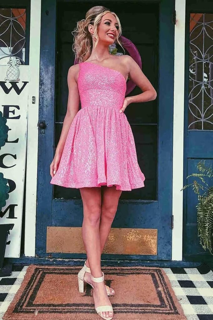 One Shoulder Short Sequin Homecoming Dresses for Teens 2024 Sparkly HOCO Prom Dress with Pockets – Bild 5
