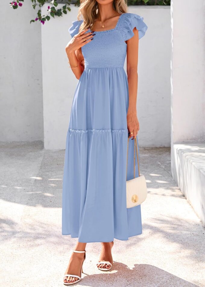 KIRUNDO Smocked Summer Dresses for Women 2025 Wedding Guest Midi Flowy Ruffle Short Sleeve Square Neck Tiered Sundress – Bild 4