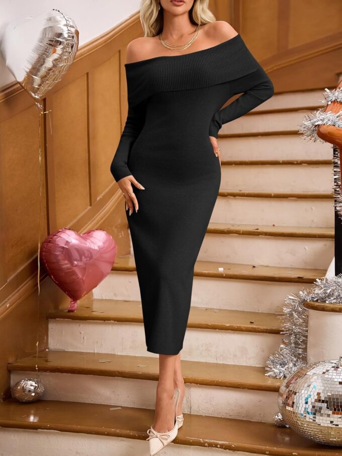 Wenrine Womens Off The Shoulder Bodycon Sweater Dress 2025 Elegant Long Sleeve Cocktail Party Midi Maxi Dresses – Bild 3