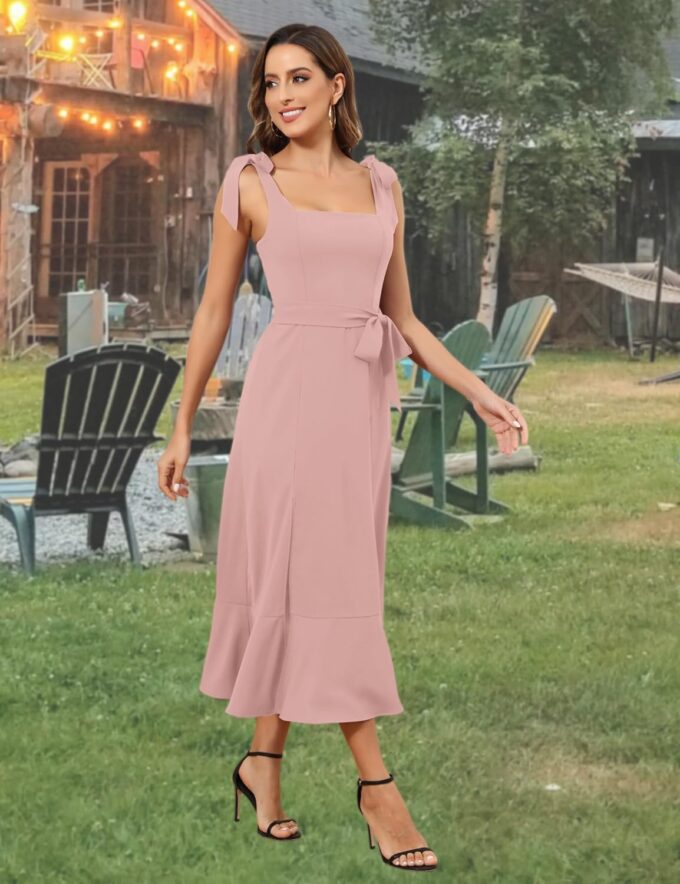 ROYAL MATRIX Women's Midi Dresses for Wedding Guest Semi Formal Dress for Cocktail Party Square Neck Split Bridesmaid Dress – Bild 5