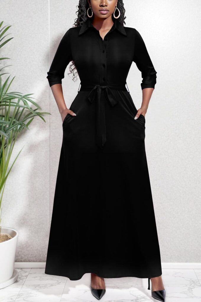 Runwind Women Church Maxi Dresses 3/4 Sleeve Button Down Print Casual Office Dress African – Bild 3