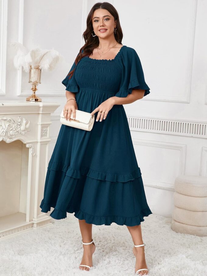 SCOMCHIC Women's Plus Size Maxi Dresses Summer Short Sleeve Square Neck Smocked Wedding Guest Cocktail Boho Long Dress – Bild 5