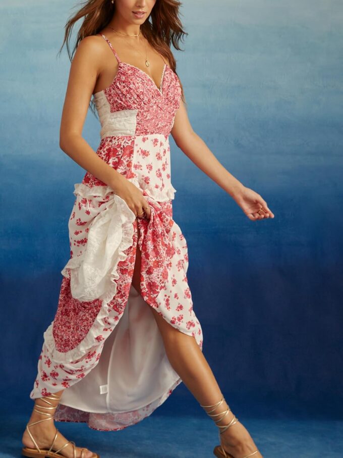 Women Boho Floral Tie Shoulder Maxi Dress Flowy Patchwork Smocked Long Sundresses Summer Ruffle Y2k Sleeveless Dresses – Bild 2