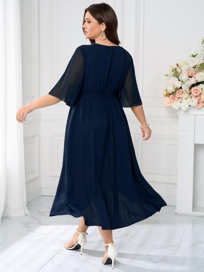 Plus Size Formal Wedding Guest Cocktail Dress for Curvy Women Flutter Sleeve Ruffle Hem Wrap V Neck Midi Dresses – Bild 6
