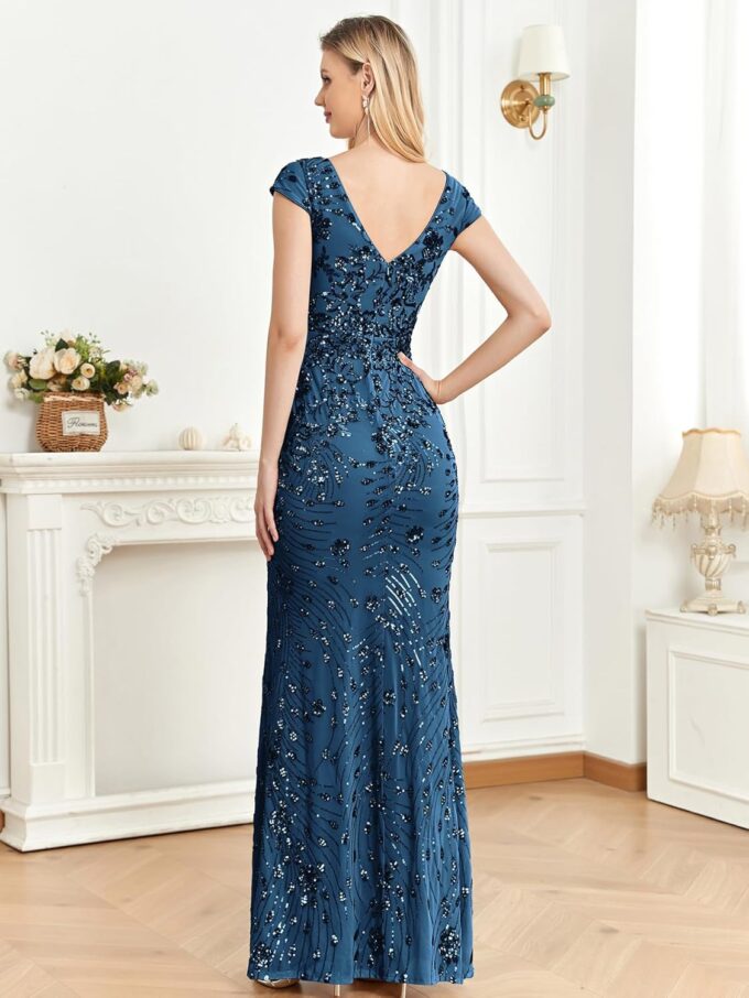 Womens Sequined Long Evening Gown Glamous Sleeveless V-Neck Mermaid Prom Dress for Wedding Party Club Occasions – Bild 2