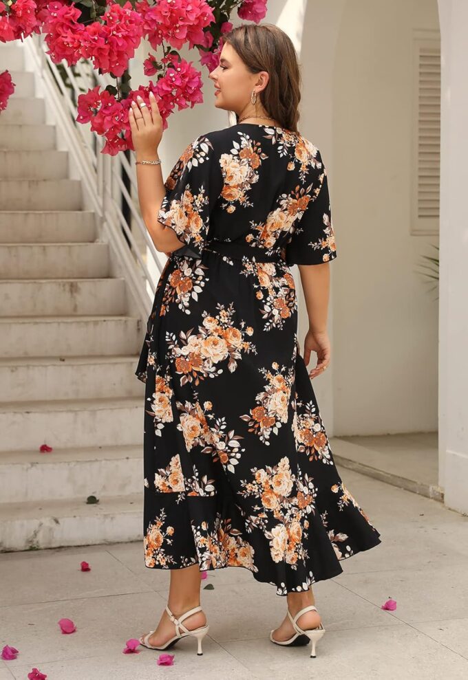 Keluummi Plus Size Summer Wedding Guest Maxi Dress for Curvy Women, V Neck 3/4 Sleeve Empire Waist A Line Floral Long Dress – Bild 4
