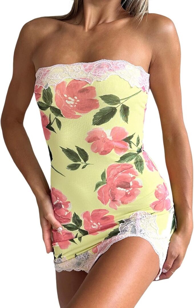 Fanvereka Summer Sexy Floral Tube Dress Y2K Strapless Bodycon Mini Dress Short Bandeau Dress for Teen Girl Shoping Beach Club – Bild 2