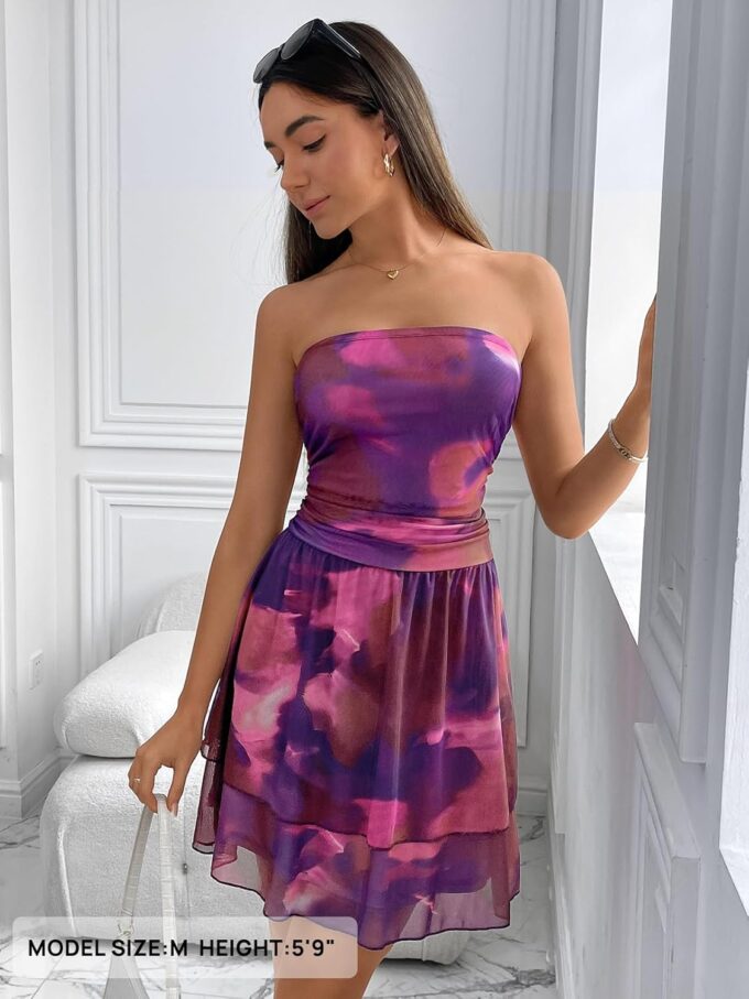 MEROKEETY Women's Summer Floral Strapless Tube Dress Boho Off Shoulder Ruffle Tiered Mini Sundress – Bild 4