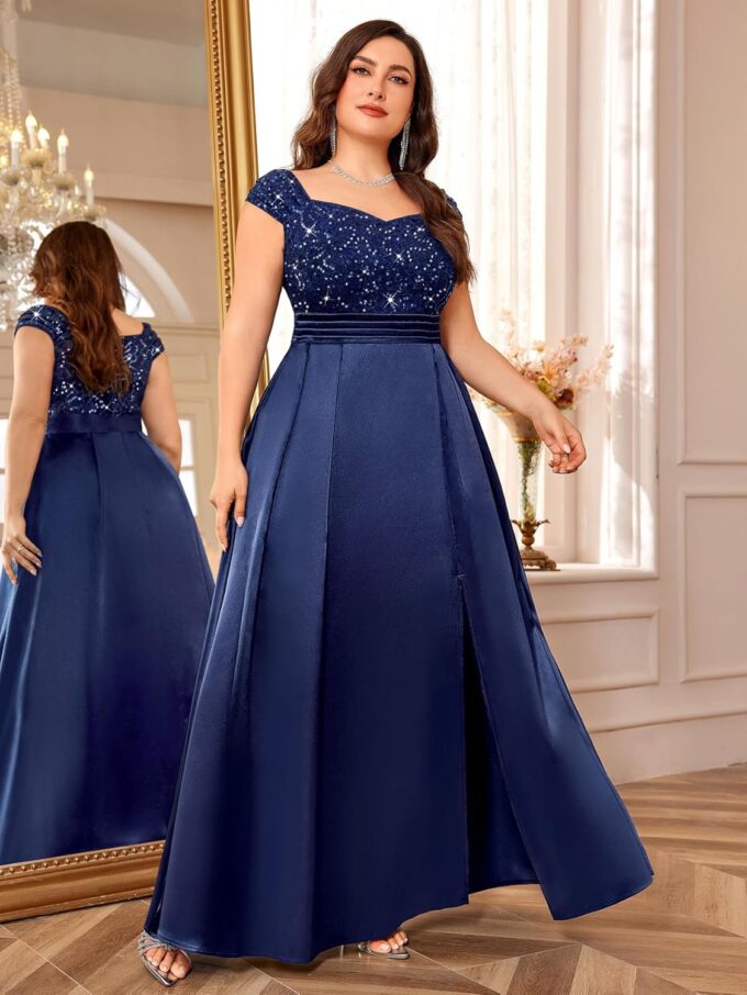 MISSMAY Women's Plus Size Sequin Lace Off Shoulder Satin Slit Formal Evening Party Maxi Dress – Bild 4