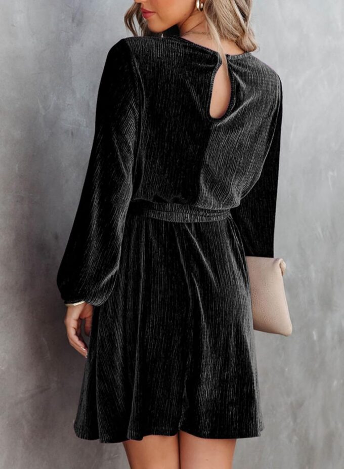 Happy Sailed Women's Velvet Dress Fall Fashion Lantern Sleeve High Waist A-Line Skater Cocktail Party Dresses with Belt – Bild 2