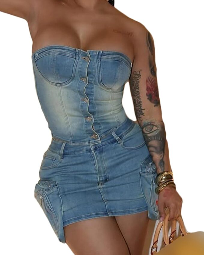 Women's Sexy 2 Piece Denim Outfits Off Shoulder Strapless Buttons Tops and Mini Cargo Skirts Club Sets