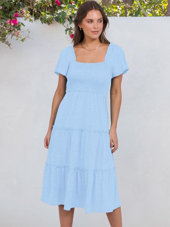 ANRABESS Women Summer Casual Square Neck Flutter Sleeve Boho Smocked A-Line Flowy Tiered Modest Midi Sun Dress with Pockets – Bild 4