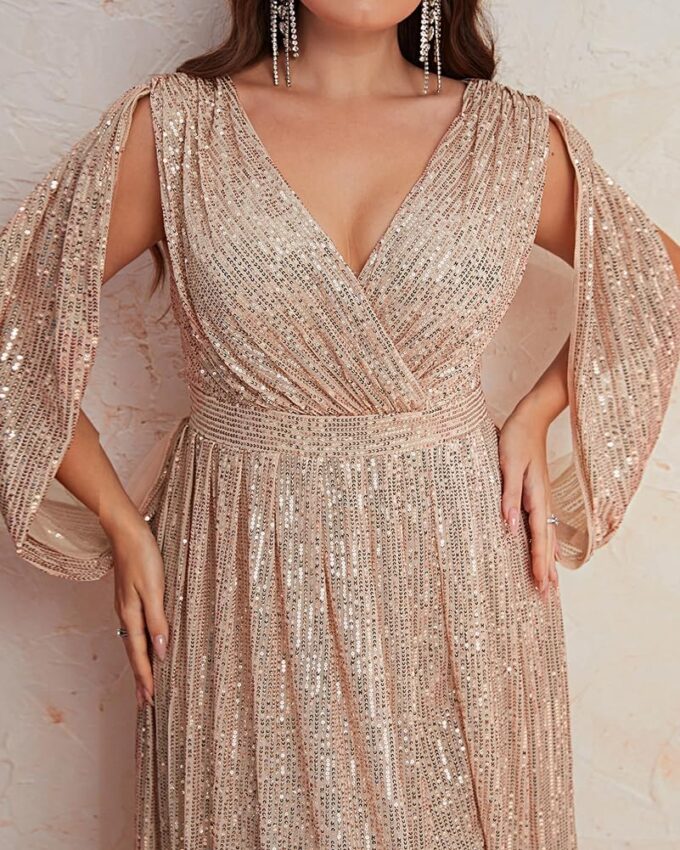 Women's Plus Size Flare Sleeve V Neck Side Split Sequin Formal Prom Dress – Bild 6