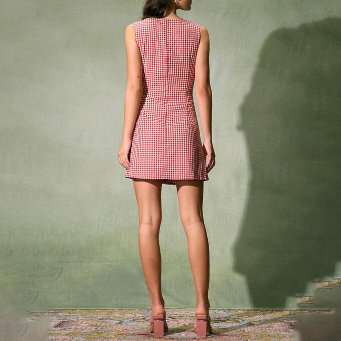 Women Summer Mini Plaid Tank Dress Sleeveless Round Neck Button Up Bodycon Cocktail Party Dress – Bild 5