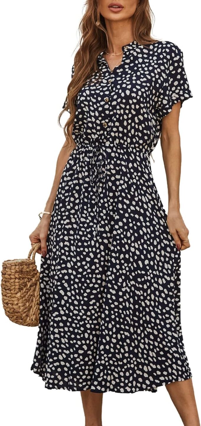 BROVAVE Women's Summer Polka Dot Print Shirt Dress Vintage Short Sleeve Button Down Midi Dress