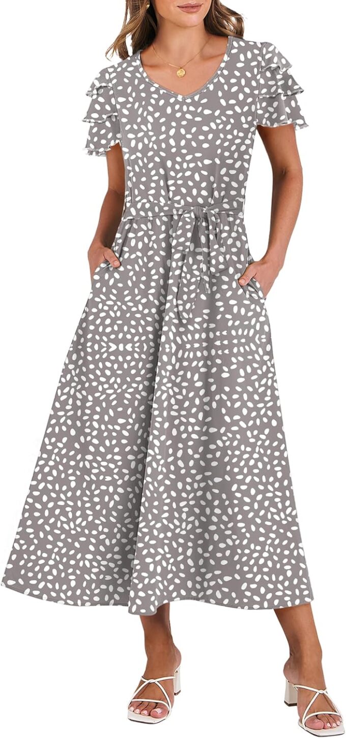 ANRABESS Women's Summer Casual Floral Dress Ruffle Cap Sleeve V Neck 2025 Vacation Flowy Beach Midi Long Dresses with Belt