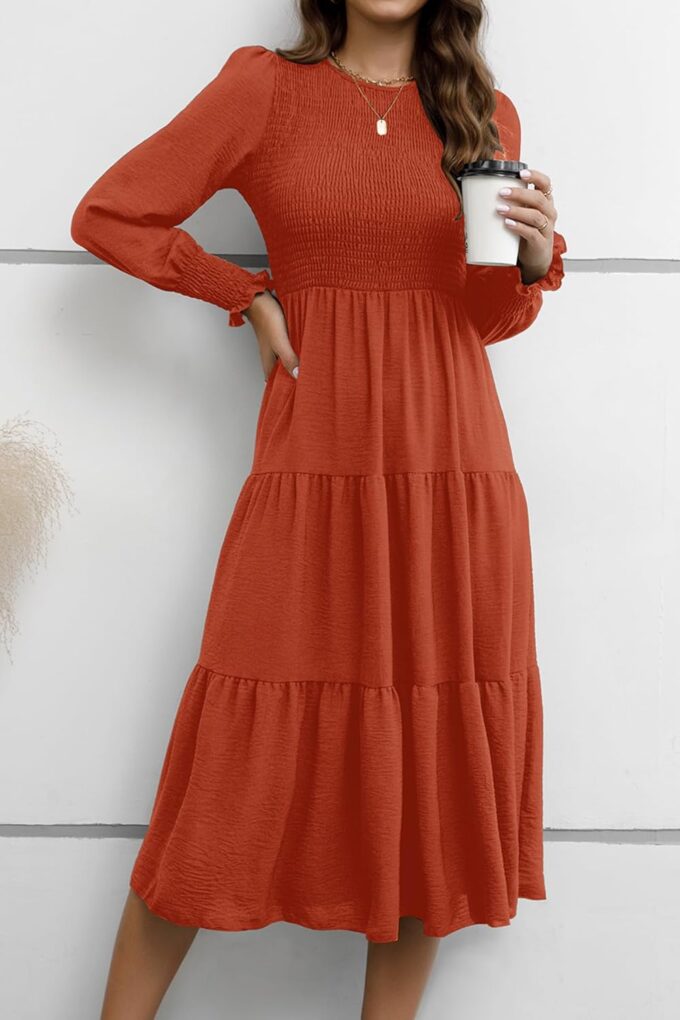 Women's Casual Long Sleeve Fall Dress Crew Neck Smocked Hight Waist Flowy Maxi Tiered Dresses – Bild 4